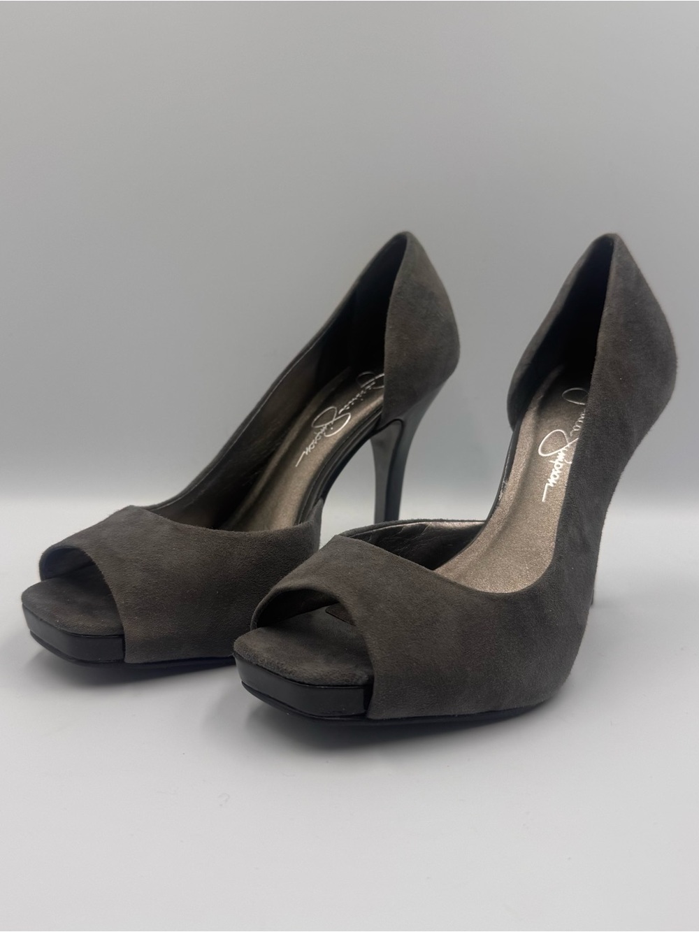 🩶NEW Jessica Simpson Charcoal Suede Peep-Toe High Heels Size 6.5